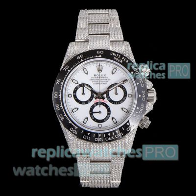 Super Clone Iced Out Rolex Daytona 7750 Diamond Panda Dial 904L Steel Watch 40mm